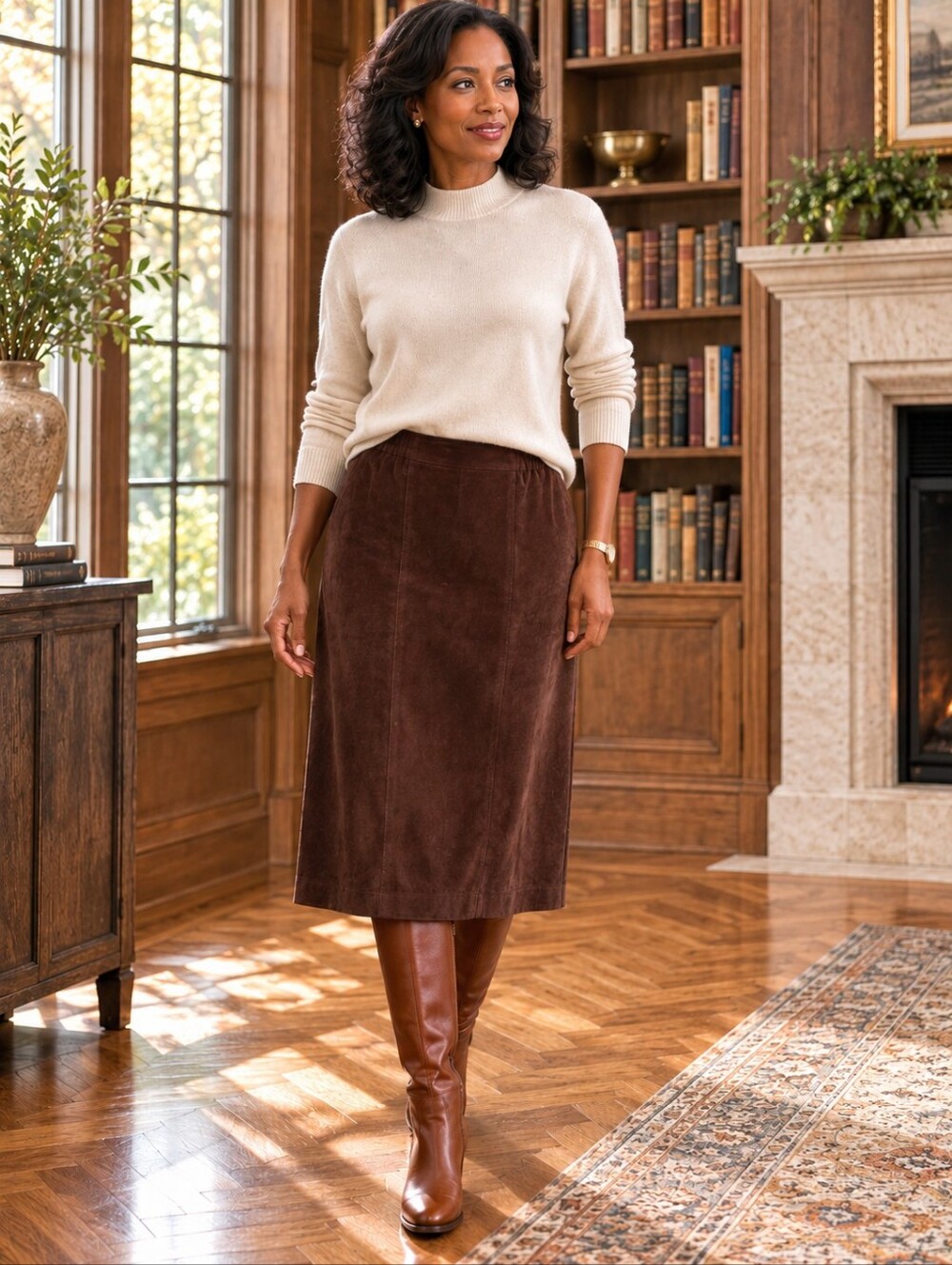 Danier Canada Brown Suede Leather Midi Skirt Size 14 Made in Canada
